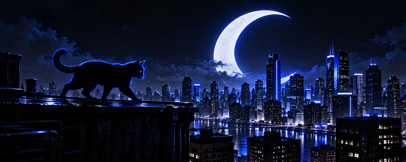 A black cat edged in blue moonlight, out walking at night.